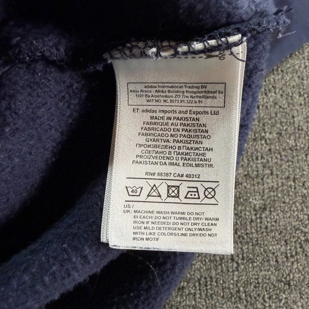 Adidas Sweatshirt Big Leaf Unisex S BQ7519 Navy Blue Trefoil Logo Fleece EUC